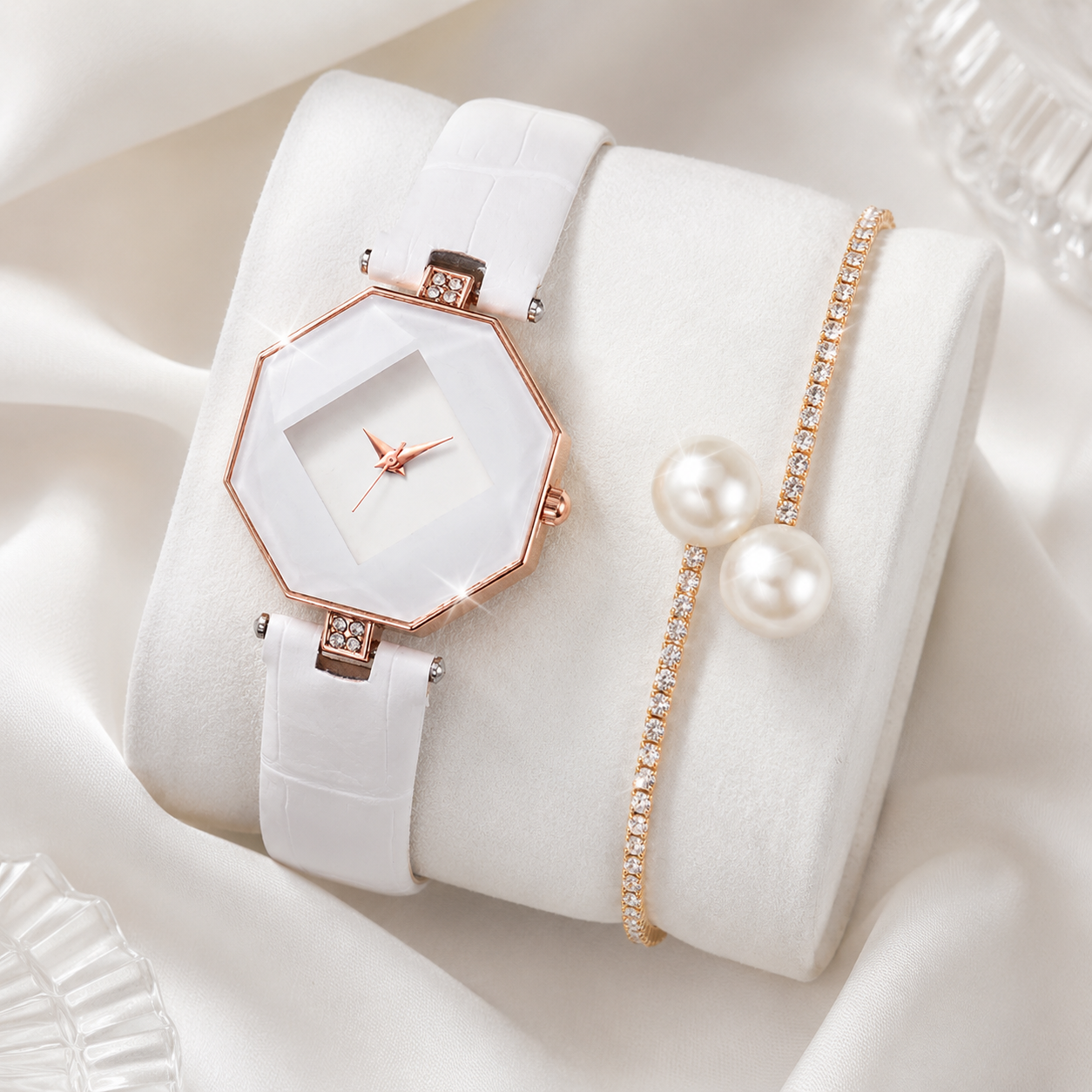 Duo Pérola Meridiana — Conjunto Feminino de Relógio e Pulseira