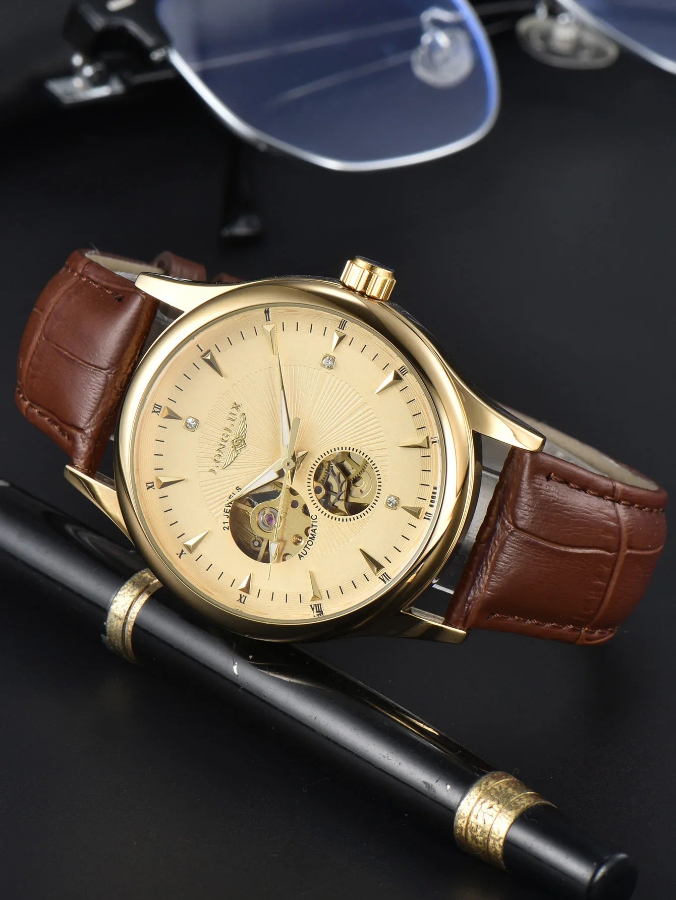 Meridian Aurum — Relógio Esqueletizado Automático Dourado